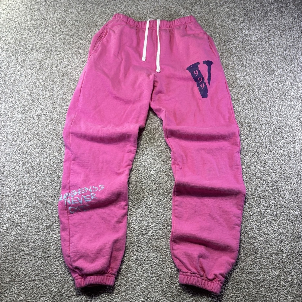 VLONE Sweatpants Mens Small Pink Fleece Legends Never Die 999 Graphic Joggers